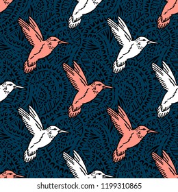 Seamless pattern with hand drawn hummingbird. Vector illustration