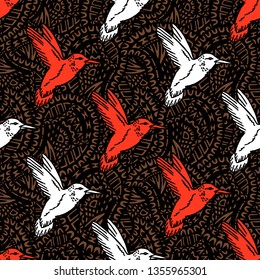 Seamless pattern with hand drawn hummingbird. Vector illustration
