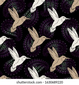 Seamless pattern with hand drawn hummingbird. Vector illustration