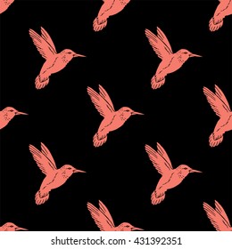 Seamless Pattern With Hand Drawn Hummingbird. Peach Echo And Black Color. Vector Illustration