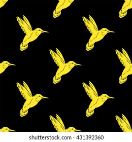 Seamless pattern with hand drawn hummingbird. Buttercup and black color. Vector illustration