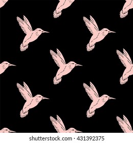 Seamless pattern with hand drawn hummingbird. Rose quartz and black color. Vector illustration