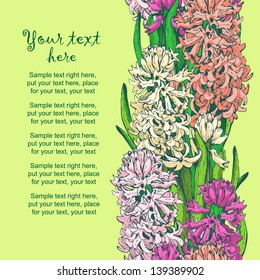 Seamless pattern of hand drawn hyacinths. Decorative vertical floral border. Invitation card for romantic event, wedding, etc. Bright floral background for your design. 