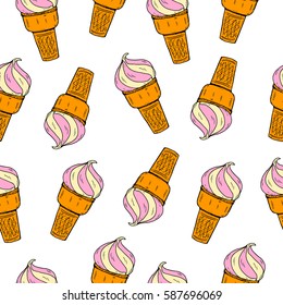 Seamless pattern with hand drawn ice cream with waffle and big ice cream ball. Vector stock illustration. Sweet shop collection. Frozen yogurt.