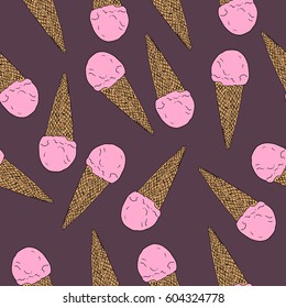 Seamless pattern with hand drawn ice cream with waffle and big ice cream ball. Vector stock illustration. Sweet shop collection. Frozen yogurt.