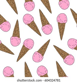 Seamless pattern with hand drawn ice cream with waffle and big ice cream ball. Vector stock illustration. Sweet shop collection. Frozen yogurt.