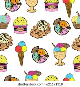 Seamless pattern with hand drawn ice cream with waffle and big ice cream ball waffle with chocolate cream. Vector stock illustration. Sweet shop collection. 