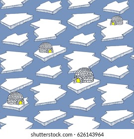 seamless pattern with hand drawn ice floe and icehouse with light. arctic and polar background