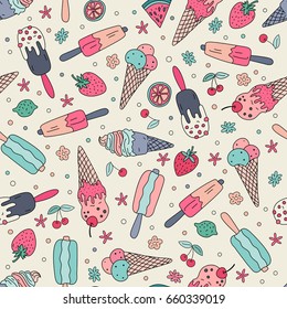 Seamless pattern with hand drawn ice cream