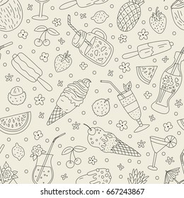 Seamless pattern with hand drawn ice cream, tropical fruit and cocktails