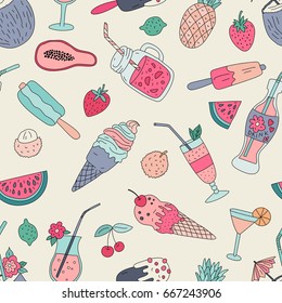 Seamless pattern with hand drawn ice cream, tropical fruit and cocktails