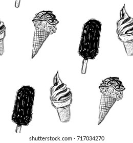 Seamless pattern with hand drawn ice creams.Vector illustration. Ice cream with chocolate, wafer cone. Engraved image.