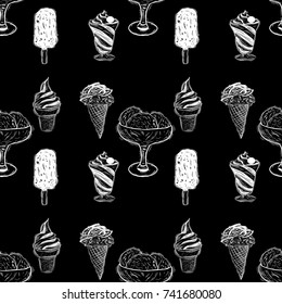 Seamless pattern with hand drawn ice creams.Vector illustration. Ice cream with chocolate, wafer cone. Engraved image.