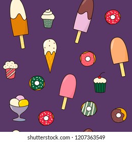 Seamless pattern with hand drawn ice-creams, cupcakes and donuts on violet background. Vector illustration in cartoon style