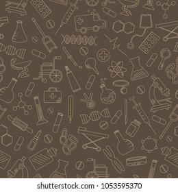 Seamless pattern with hand drawn icons on a theme medicine and health, beige outline on a brown background