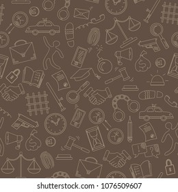 Seamless pattern with hand drawn icons on the theme of law and crimes, beige outline on a brown background