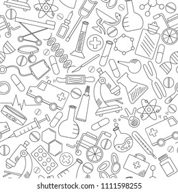 Seamless pattern with hand drawn icons on a theme medicine and health, black contour on white background