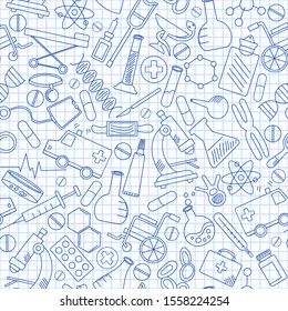 Seamless pattern with hand drawn icons on a theme medicine and health, blue  contour  icons on the clean writing-book sheet in a cage
