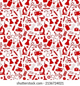 Seamless pattern with hand drawn icons on a theme medicine and health,  a red silhouettes of icons on the white background 