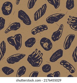 Seamless pattern with hand drawn icons of beef cuts, wrapping paper design for butcher shop, barbecue restaurant menu template