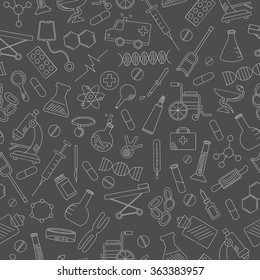 Seamless pattern with hand drawn icons on a theme medicine and health, bright outline on a dark background