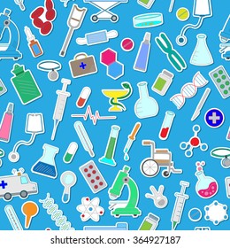 Seamless pattern with hand drawn icons on a theme medicine and health, colored stickers on a blue background