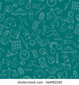 Seamless pattern with hand drawn icons on the theme of law and crime, light contour on a green background