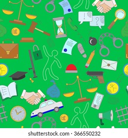 Seamless pattern with hand drawn icons on the theme of law and crime, on a green background