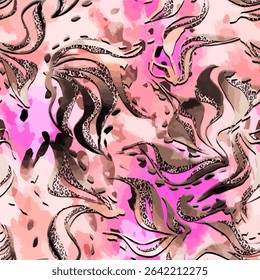 Seamless pattern with hand drawn illustrated brush strokes background elements in brown, beige and pink colors. abstract zebra, wild tiger, leopard skin seamless animal vector pattern