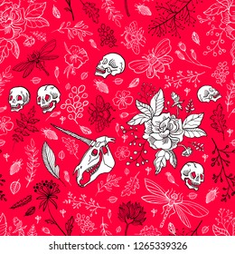 Seamless pattern. Hand drawn illustration. A huge set of items. Happy Halloween!