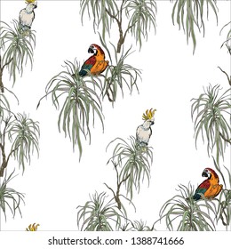 Seamless Pattern Hand Drawn Illustration Graphic Small Isolated Elements Jungle Life Tropic Tropical Plants Exotic Birds Cockatoo Parrots in Dragon Trees Faded Colors Fine Lines Drawing