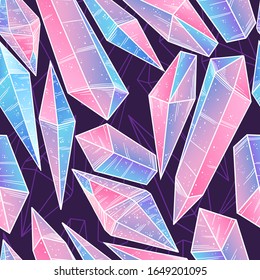 Patrón sin inconvenientes con ilustración a mano de las coloridas gemas de cristal. Fondo vectorial con piedras preciosas sobre fondo azul oscuro.