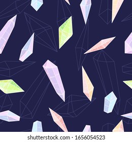 Diseño sin inconvenientes con ilustraciones hechas a mano de joyas de cristal coloridas y joyas de contorno. Fondo vectorial con piedras preciosas sobre fondo azul oscuro.