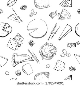 Seamless pattern. Hand drawn illustration of different types of cheese. Serving gourmet cheese. Dairy farm products. Cheese store. Handwritten graphic technique