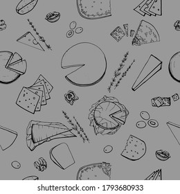 Seamless pattern. Hand drawn illustration of different types of cheese. Serving gourmet cheese. Dairy farm products. Cheese store. Handwritten graphic technique