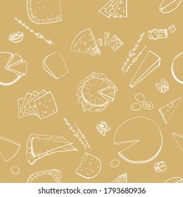 Seamless pattern. Hand drawn illustration of different types of cheese. Serving gourmet cheese. Dairy farm products. Cheese store. Handwritten graphic technique