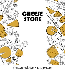 Seamless pattern. Hand drawn illustration of different types of cheese. Serving gourmet cheese. Dairy farm products. Cheese store. Handwritten graphic technique