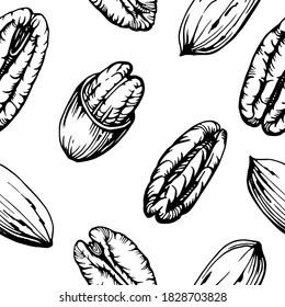 Seamless pattern. Hand drawn illustration of pecans and nutshells. Handwritten graphic technique