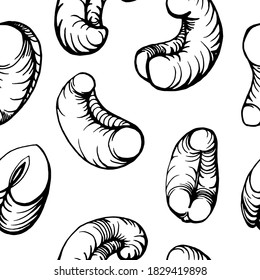 Seamless pattern. Hand drawn illustration of cashew nuts and shell nuts. Handwritten graphic technique