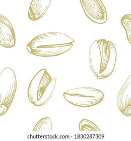 Patrón sin foco. Ilustración de pistacho y nueces en concha. Productos sanitarios. Técnica gráfica manuscrita