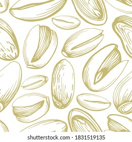 Seamless pattern. Hand drawn illustration of pistachio and nuts in shell. Health products. Handwritten graphic technique