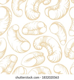 Seamless pattern. Hand drawn illustration of cashew nuts and shell nuts. Handwritten graphic technique