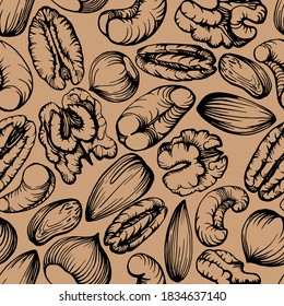 Seamless pattern. Hand drawn illustration set of pecan, almond, walnut, hazelnut, pistachio, cashew nuts on brown background. Health products. Handwritten graphic technique.