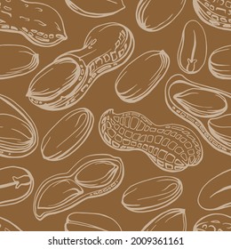 Seamless pattern. Hand drawn  illustration of a 
peanut in shell and peeled nuts. 
Allergic reaction to peanuts (to nuts). Handwritten graphic technique