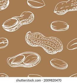 Seamless pattern. Hand drawn  illustration of a 
peanut in shell and peeled nuts. 
Allergic reaction to peanuts (to nuts). Handwritten graphic technique