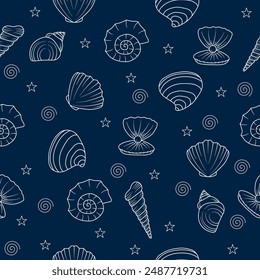 seamless pattern hand drawn illustration with seashell theme in outline style