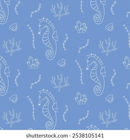 Seamless pattern with hand drawn illustration of seahorse, coral, seaweed and shell on a blue background. Ideal for ocean inspired design, fabric print, wallpaper and stationery.