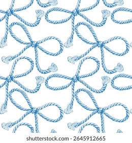 Seamless pattern Hand drawn illustration bow knot of the rope in vector. Jute rope with bow. Twine. Hand painted Blue realistic elements on background. For fabric, wallpaper wrapping, decor, cards.
