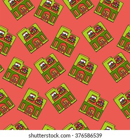 Seamless pattern with Hand drawn illustration of mexican houses. Vector illustration. Collection of detached separate colored houses with big door, balcony