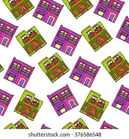 Seamless pattern with Hand drawn illustration of mexican houses. Vector illustration. Collection of detached separate colored houses with big door, balcony